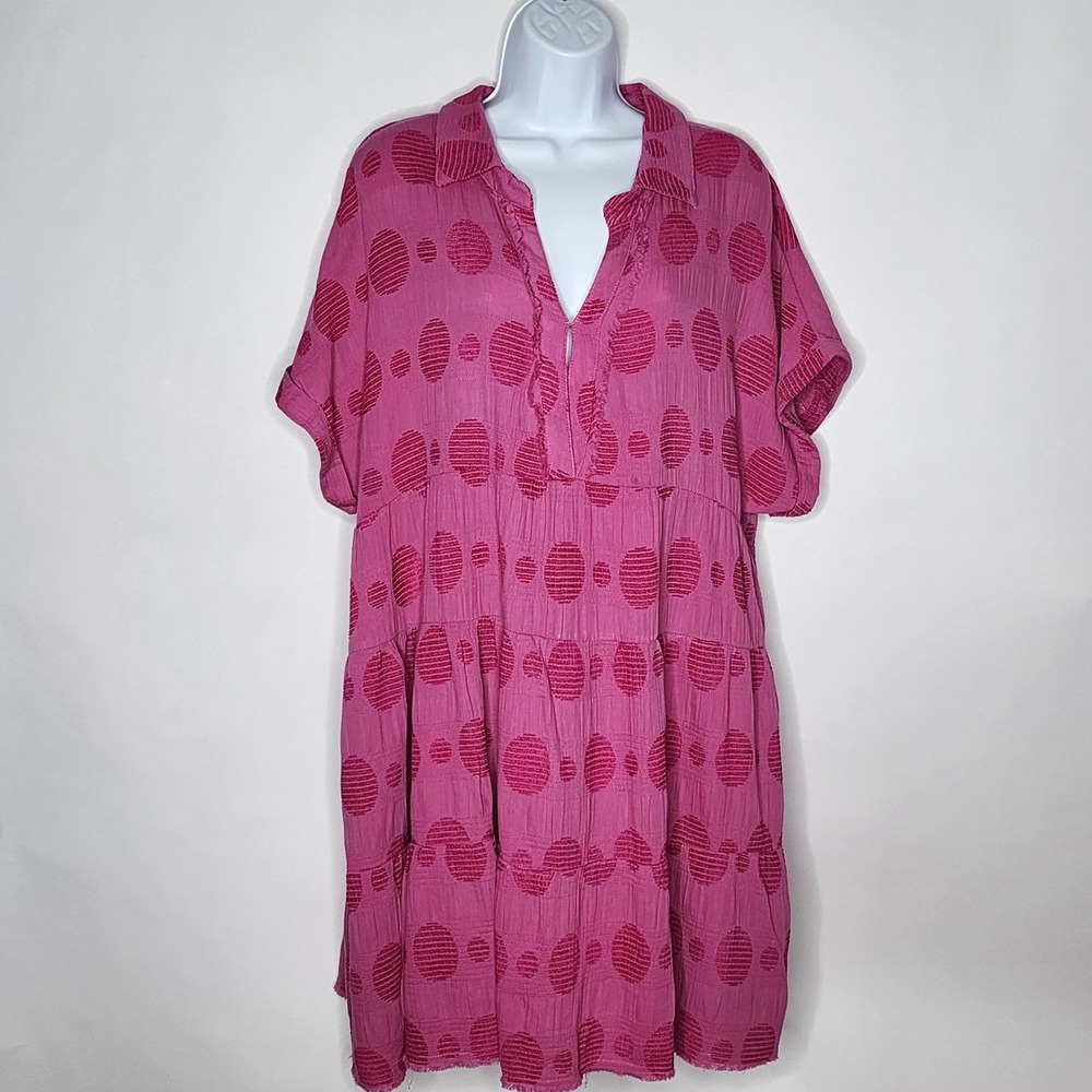Umgee Pink Textured Gauze Dot Babydoll Dress (Style K7705) Sz Large
